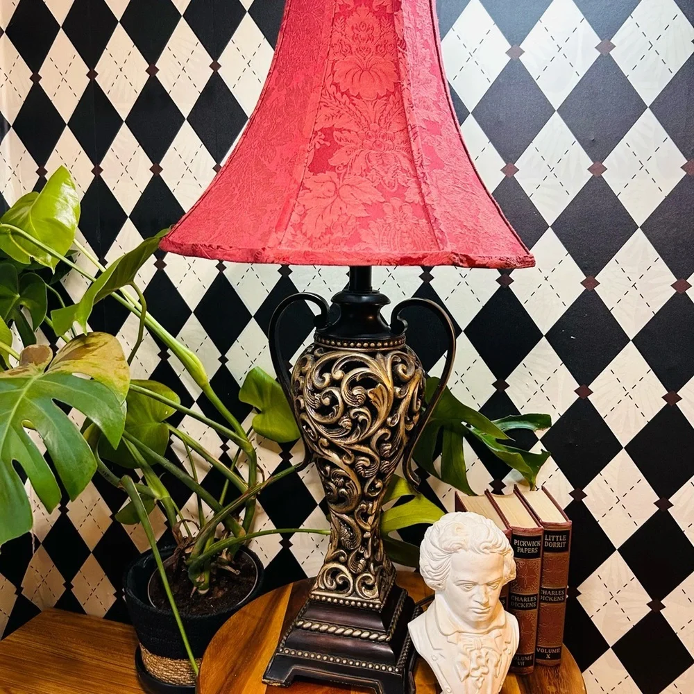 Luxury Vintage Black & Gold Table Lamp with Deep Burgundy‎ Shade Baroque Moody